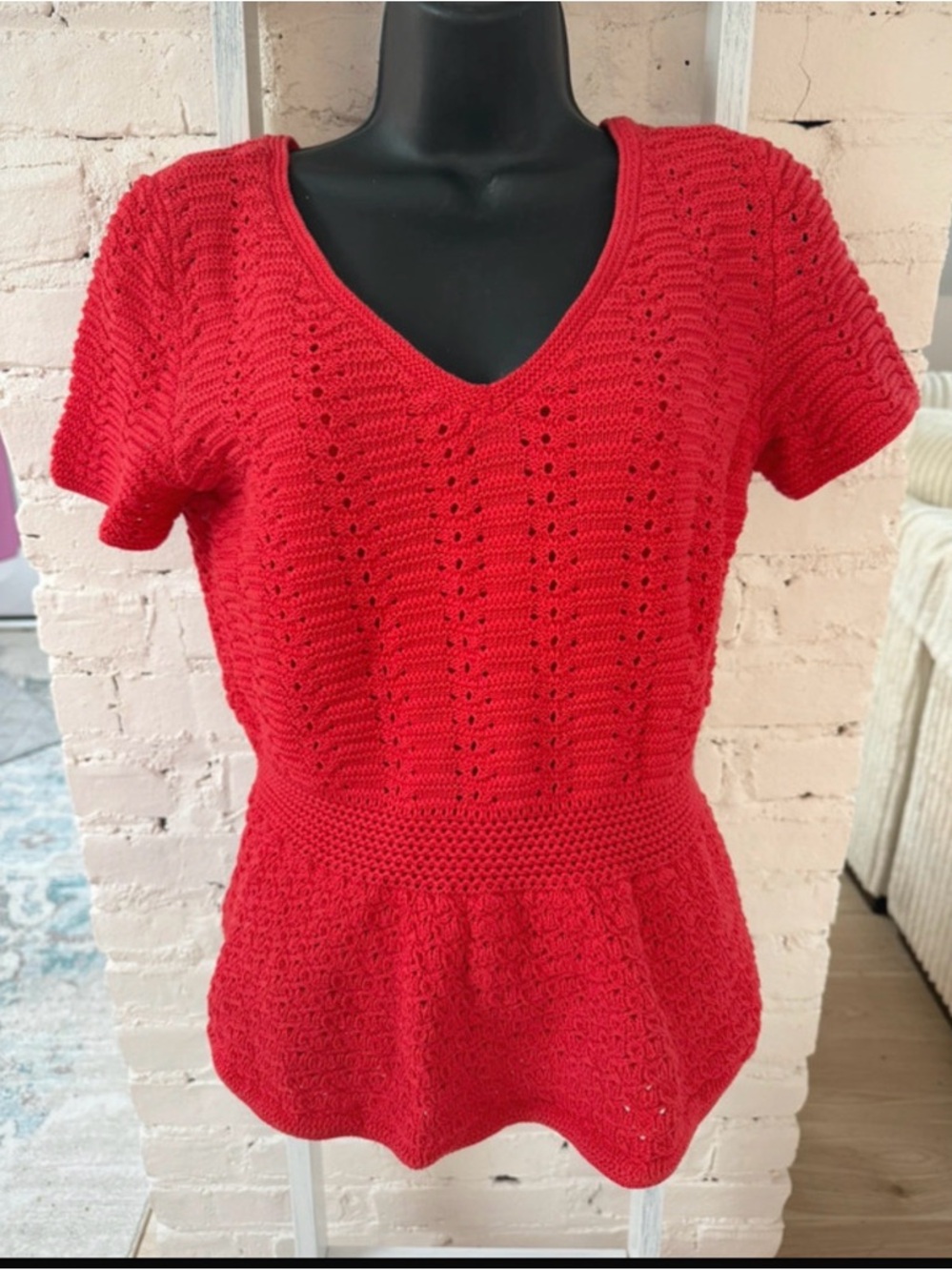 Talbots coral Crochet Knit Peplum Top
